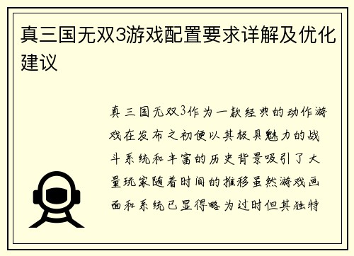 真三国无双3游戏配置要求详解及优化建议